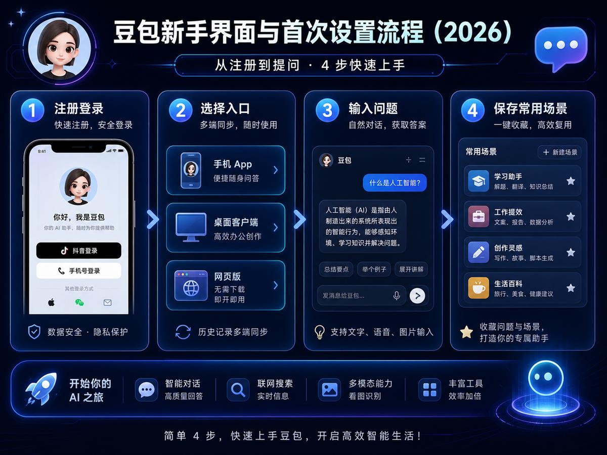 豆包 2026 新手入门流程图，包含注册登录、选择入口、输入问题和保存常用场景