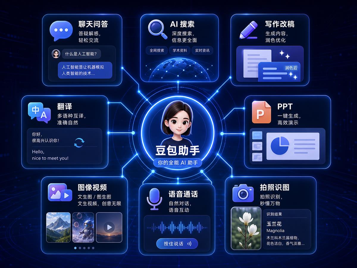 豆包 2026 核心功能场景图，包含聊天问答、AI搜索、写作改稿、翻译、PPT、图像视频、语音通话和拍照识图