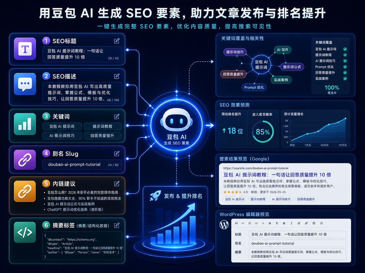豆包生成文章 SEO 信息示意图,包含 SEO 标题、SEO 描述、关键词、Slug、内链建议、摘要标签