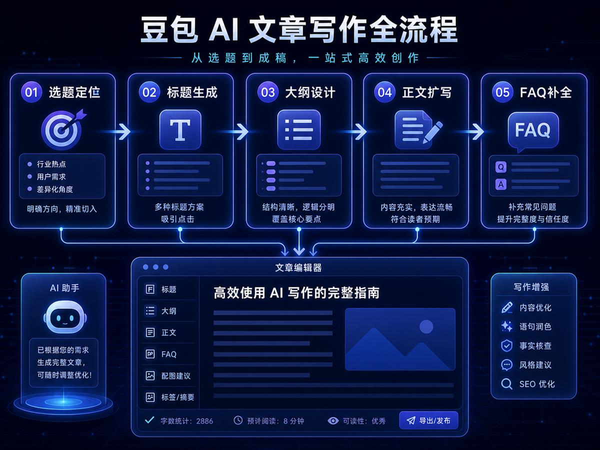 豆包写文章流程图,包含选题定位、标题生成、大纲设计、正文扩写和 FAQ 补全