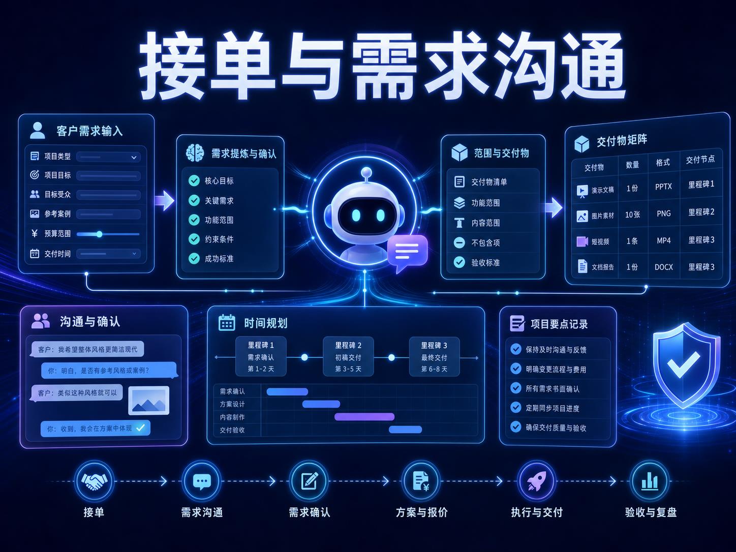 豆包商业接单与需求沟通课程海报，展示客户需求输入、需求提炼、范围确认、交付物矩阵和项目时间规划