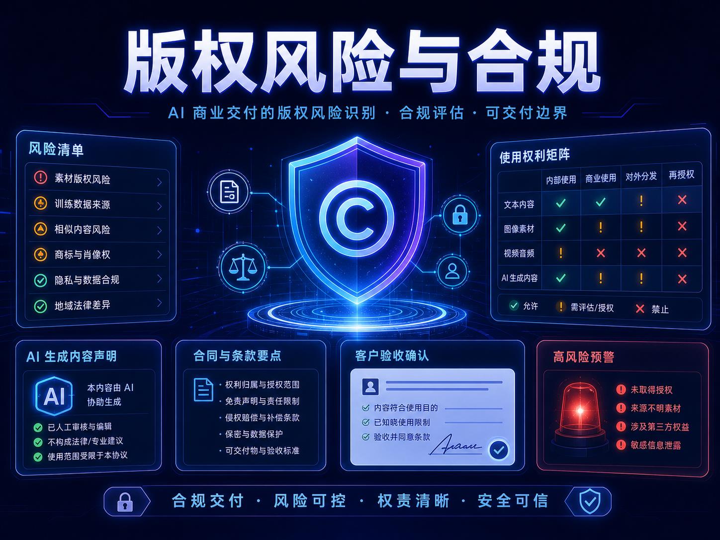 AI 商业交付版权风险与合规说明课程海报，展示版权盾牌、使用权矩阵、合同条款、AI 生成内容声明、隐私锁和风险预警