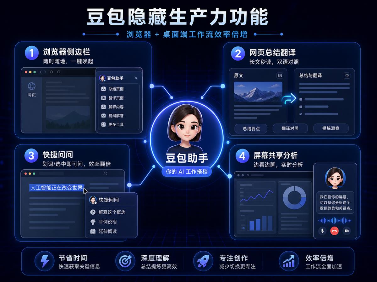 豆包隐藏功能中的浏览器侧边栏、网页总结翻译、快捷问问和屏幕共享分析流程图