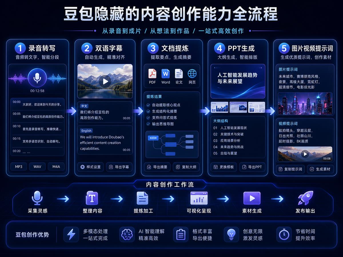 豆包隐藏内容创作功能，包括录音转写、双语字幕、文档提炼、PPT生成和图片视频提示词