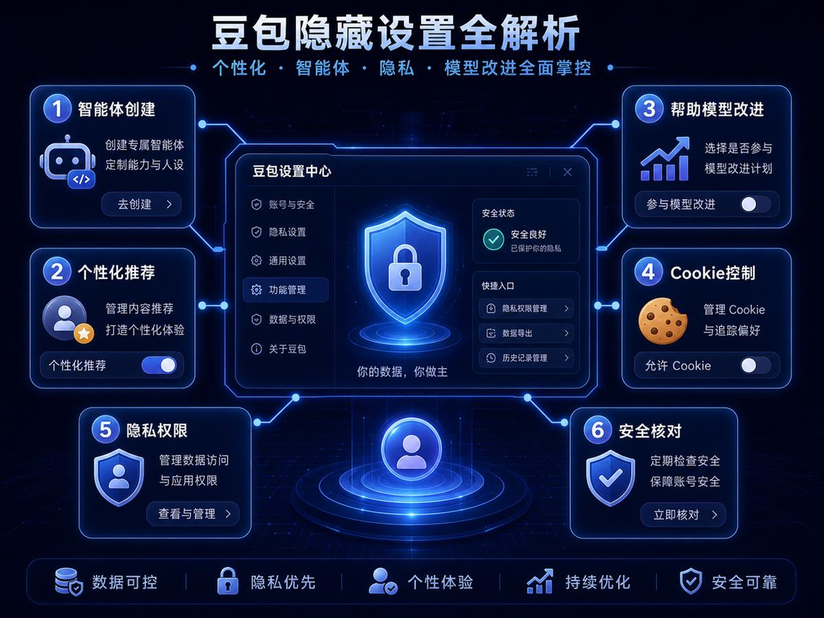 豆包隐藏设置功能，包括智能体创建、个性化推荐、帮助模型改进、Cookie控制、隐私权限和安全核对