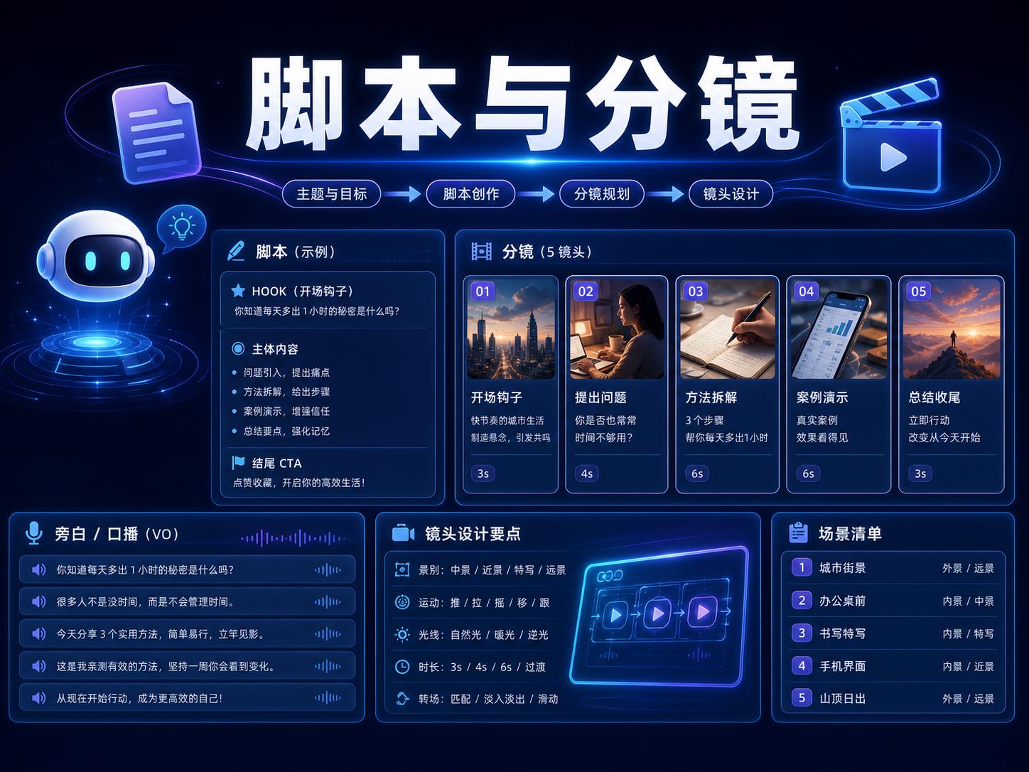 豆包生成短视频脚本与分镜课程海报，展示主题目标、脚本创作、五镜头分镜、旁白口播和场景清单