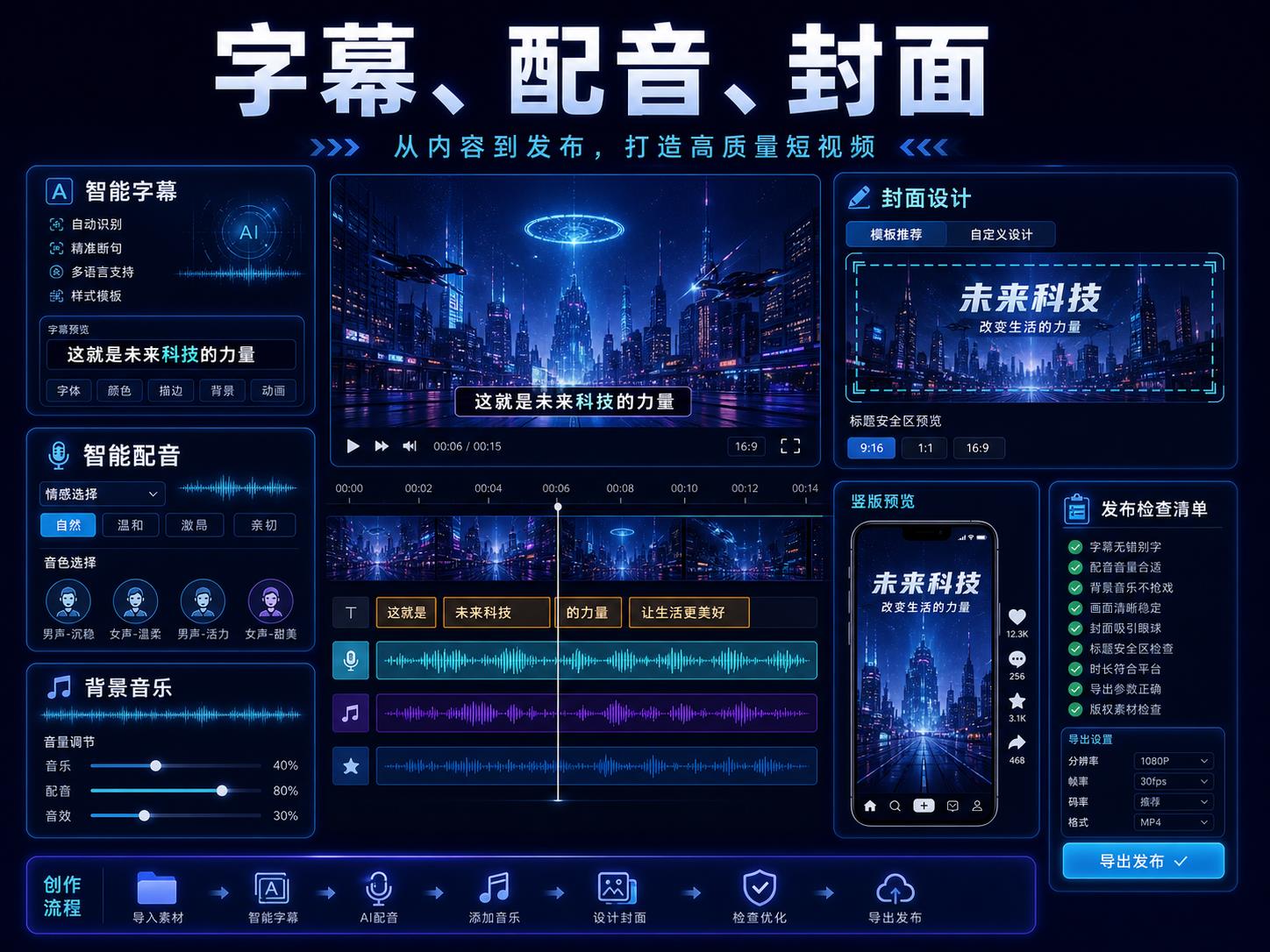 剪映字幕配音封面与发布检查课程海报，展示智能字幕、文本朗读、音乐波形、封面设计、竖屏预览和导出清单