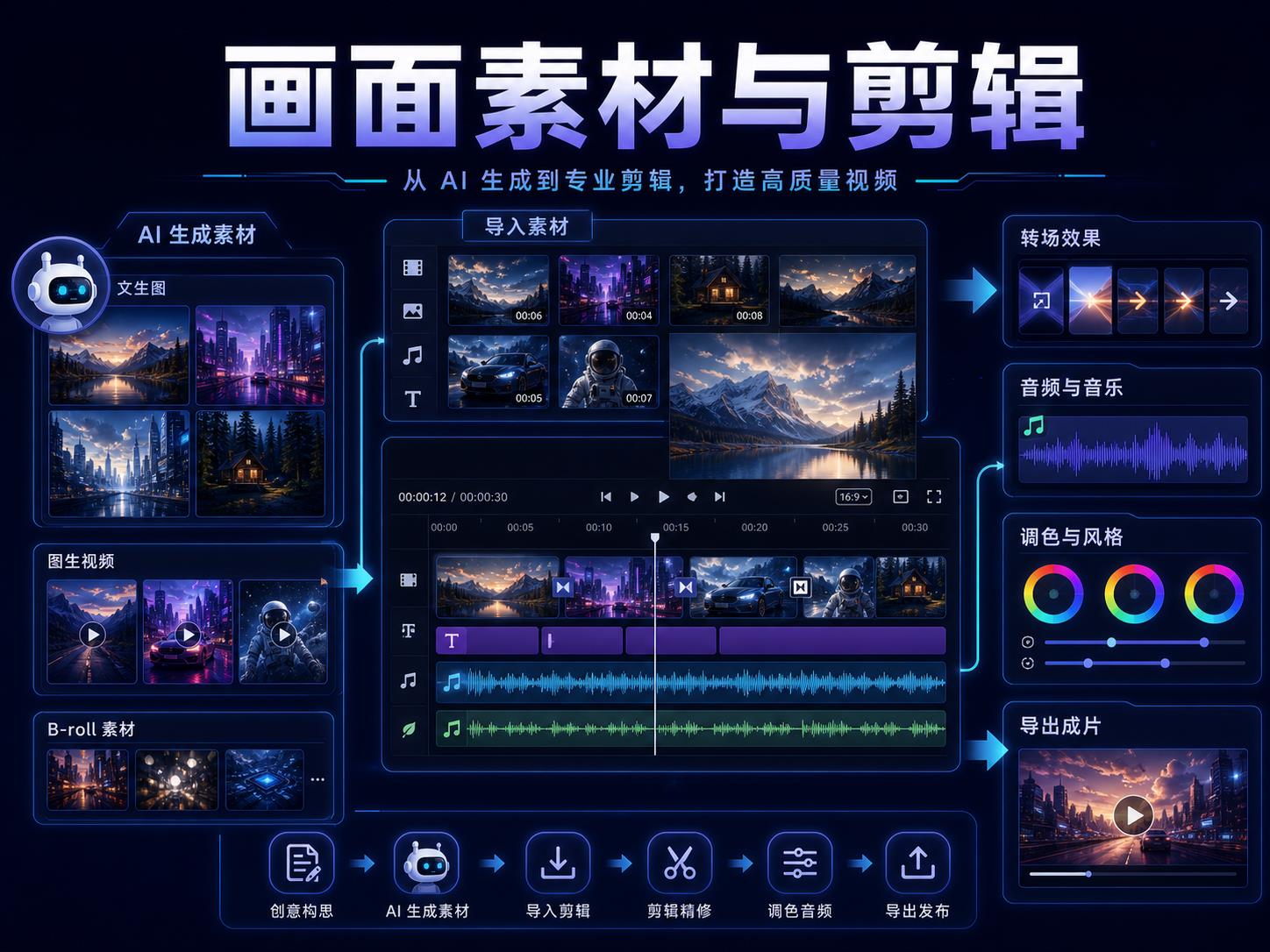 豆包生成画面素材并导入剪映剪辑课程海报，展示 AI 生成素材、媒体库、剪辑时间线、转场、音乐波形和调色面板