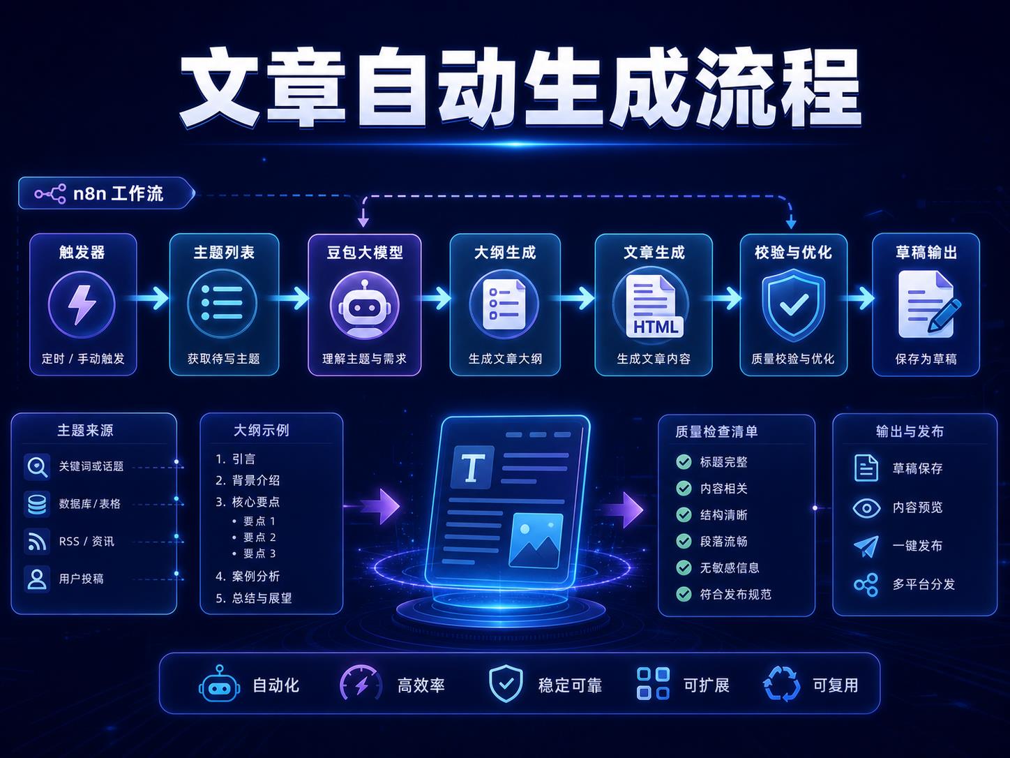 n8n 自动化文章生成流程课程海报，展示触发器、主题列表、豆包大模型、大纲生成、正文生成、质量校验和草稿输出