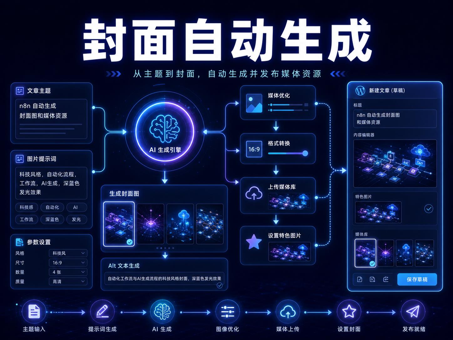 n8n 自动生成封面图和媒体资源课程海报，展示文章主题、图片提示词、AI 生成封面、Alt 文本、媒体上传和特色图设置