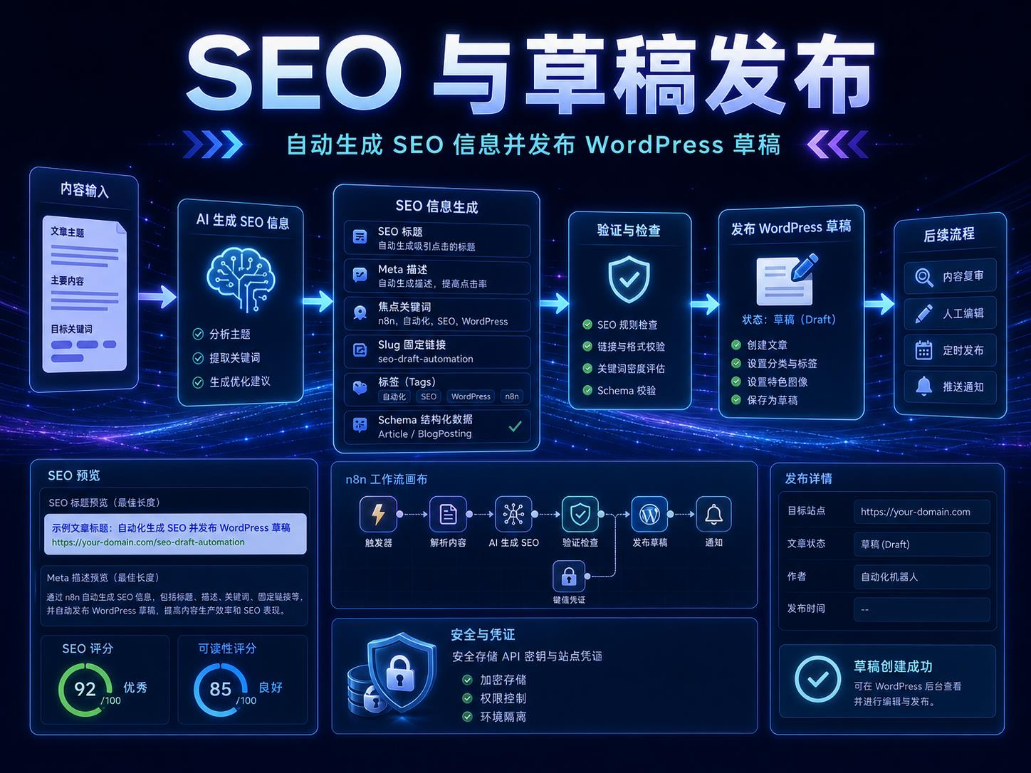 n8n 自动生成 SEO 信息并发布 WordPress 草稿课程海报，展示 SEO 标题、Meta 描述、关键词、Slug、标签、校验和草稿发布节点