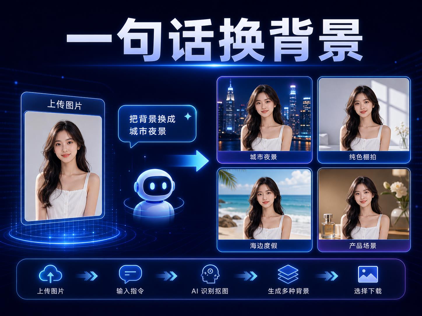豆包 P 图一句话换背景课程海报，展示上传图片、输入指令、AI 识别抠图和生成多种背景效果