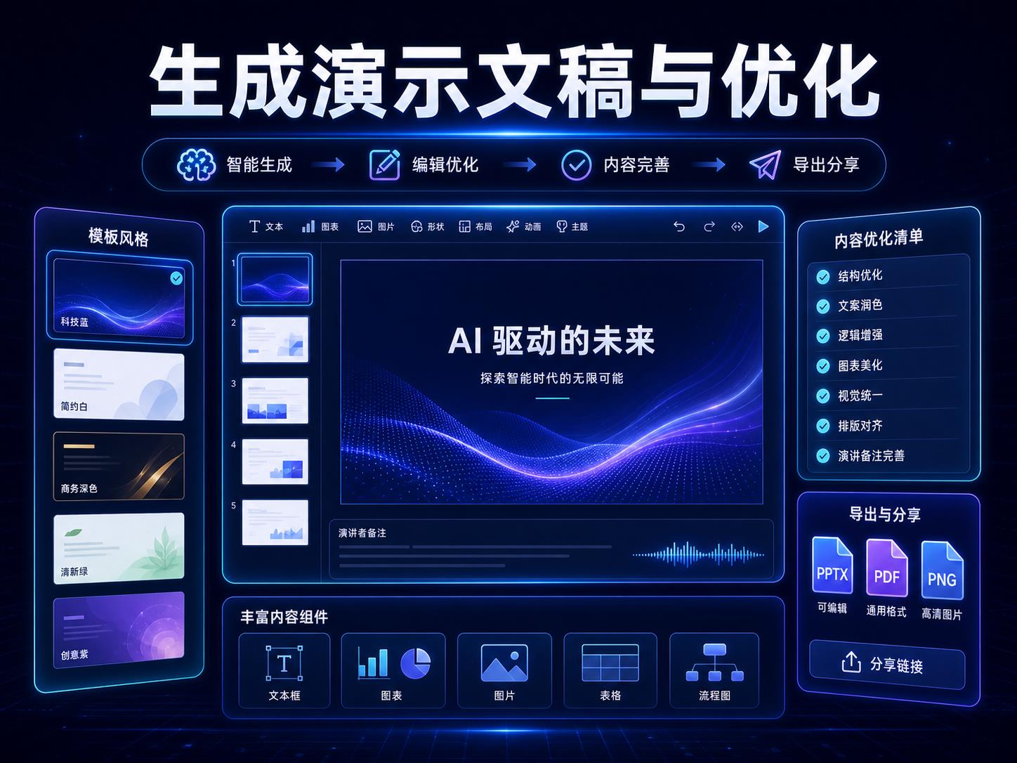 豆包生成演示文稿后的编辑优化与导出课程海报，展示模板风格、内容优化清单、图表美化和可编辑文件导出
