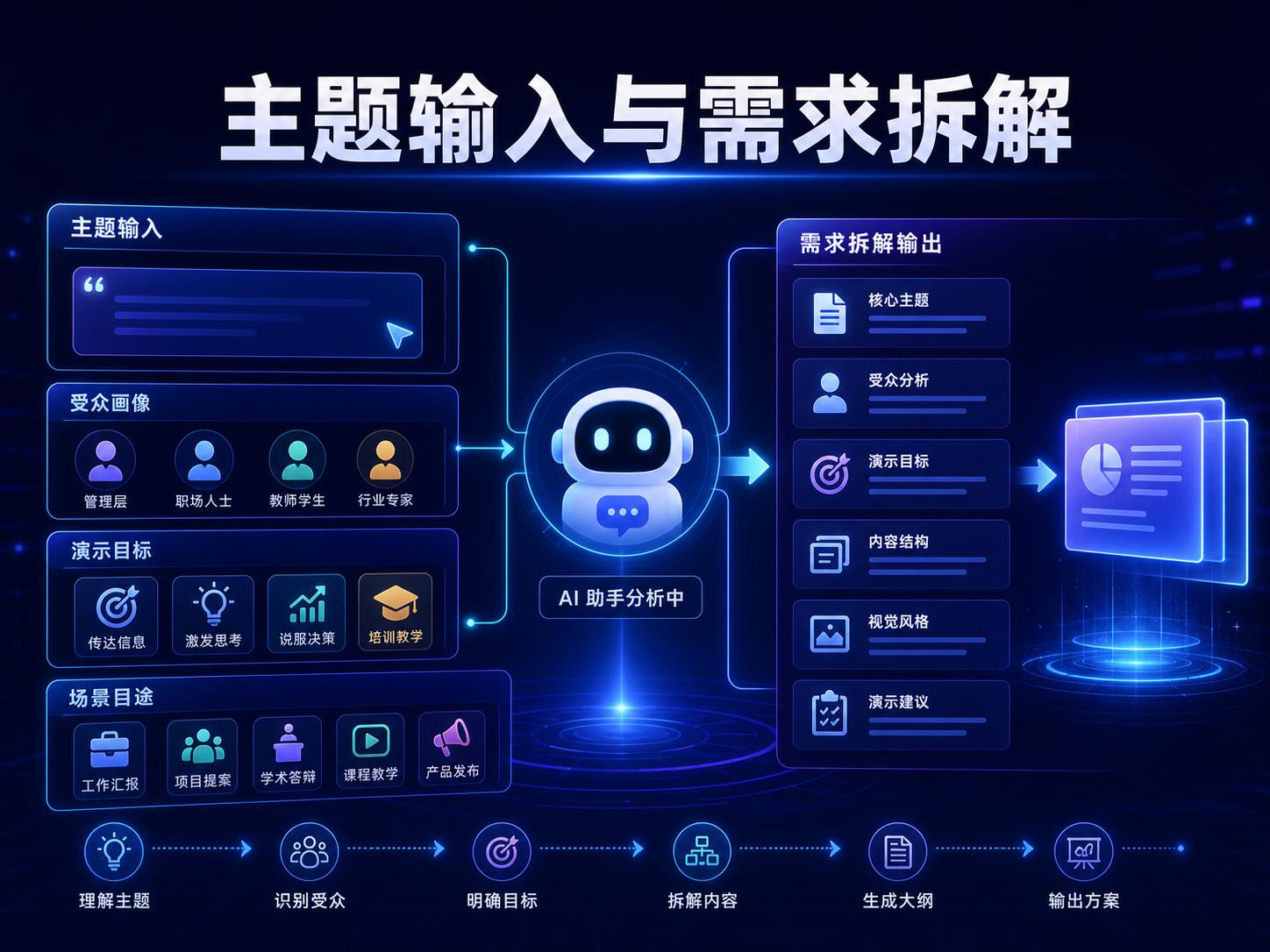 豆包生成 PPT 的主题输入与需求拆解课程海报，展示主题、受众、目标、场景和风格拆解流程