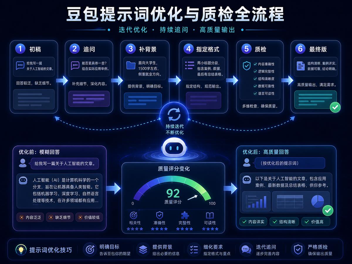 豆包 AI 提示词迭代和质检流程，包含初稿、追问、补背景、指定格式、质检和最终版