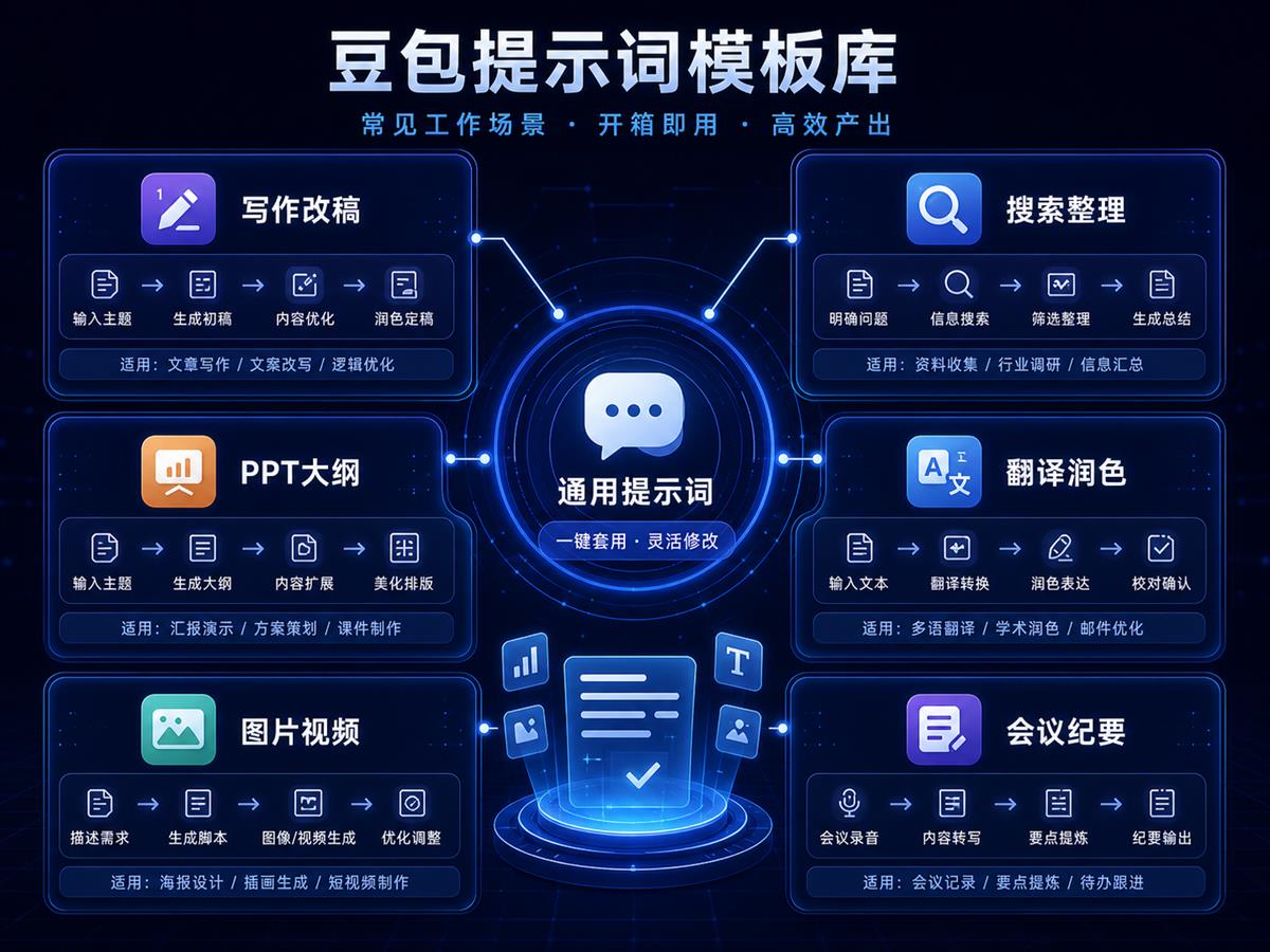 豆包 AI 提示词场景模板库，包含写作改稿、搜索整理、PPT大纲、翻译润色、图片视频和会议纪要