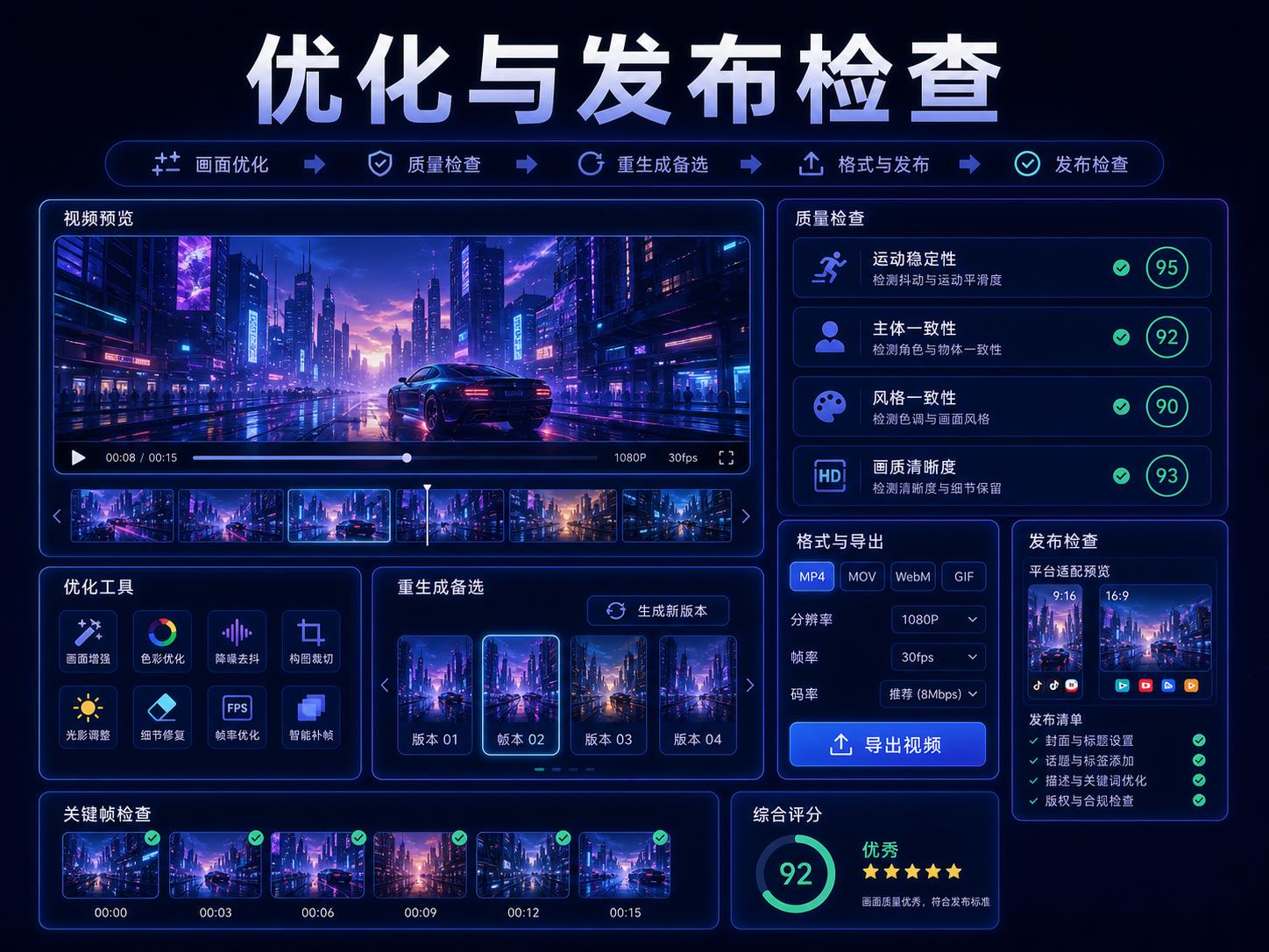 Seedance 短视频优化与发布检查课程海报，展示运动稳定性、主体一致性、风格一致性、重生成版本、导出格式和平台比例