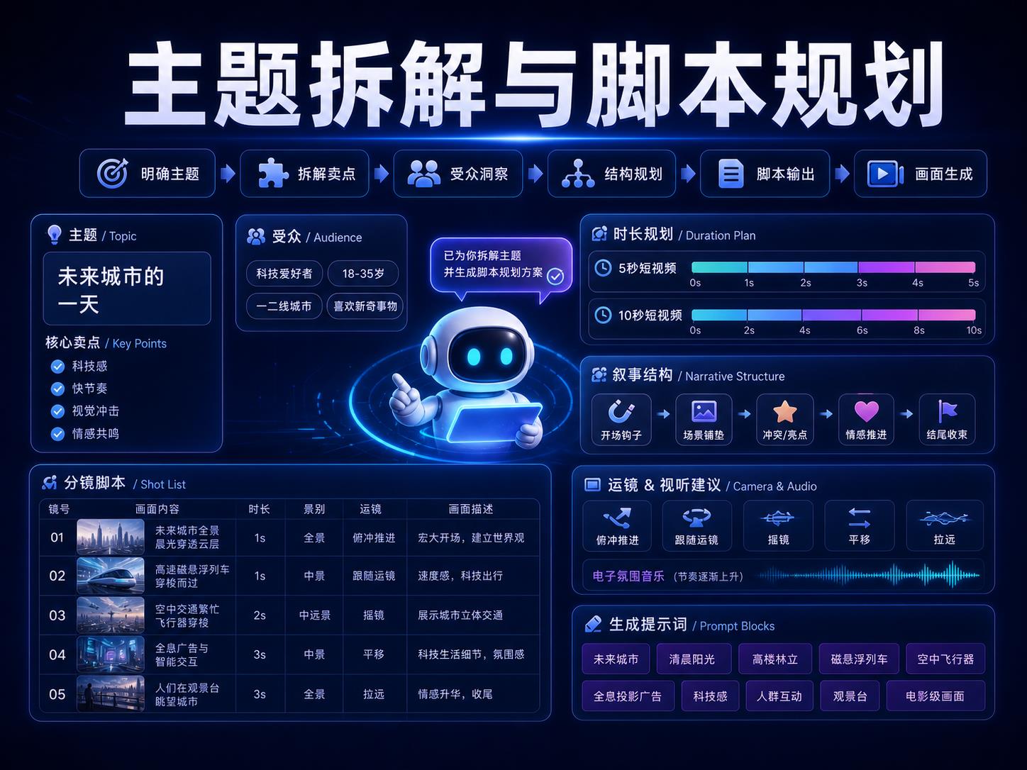 Seedance 短视频生成主题拆解与脚本规划课程海报，展示主题、受众、时长、分镜脚本、镜头运动和提示词模块