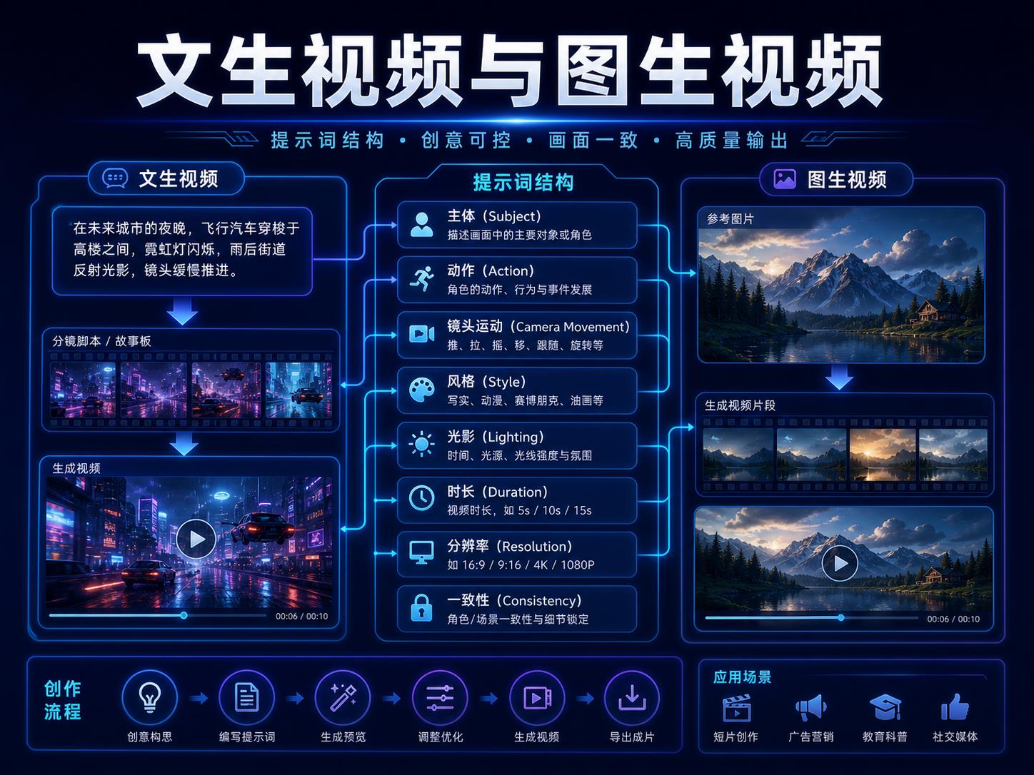 Seedance 文生视频与图生视频提示词结构课程海报，展示文字提示、参考图、主体动作、镜头运动、风格、光线和一致性锁定