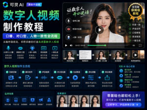 可灵 AI 数字人视频制作教程封面图，展示口播、对口型、人物一致性和成片导出的完整流程。