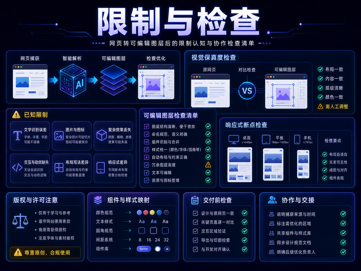 Figma 网页转可编辑图层限制与检查课程海报：还原质量、响应式、版权、组件清理和设计系统映射