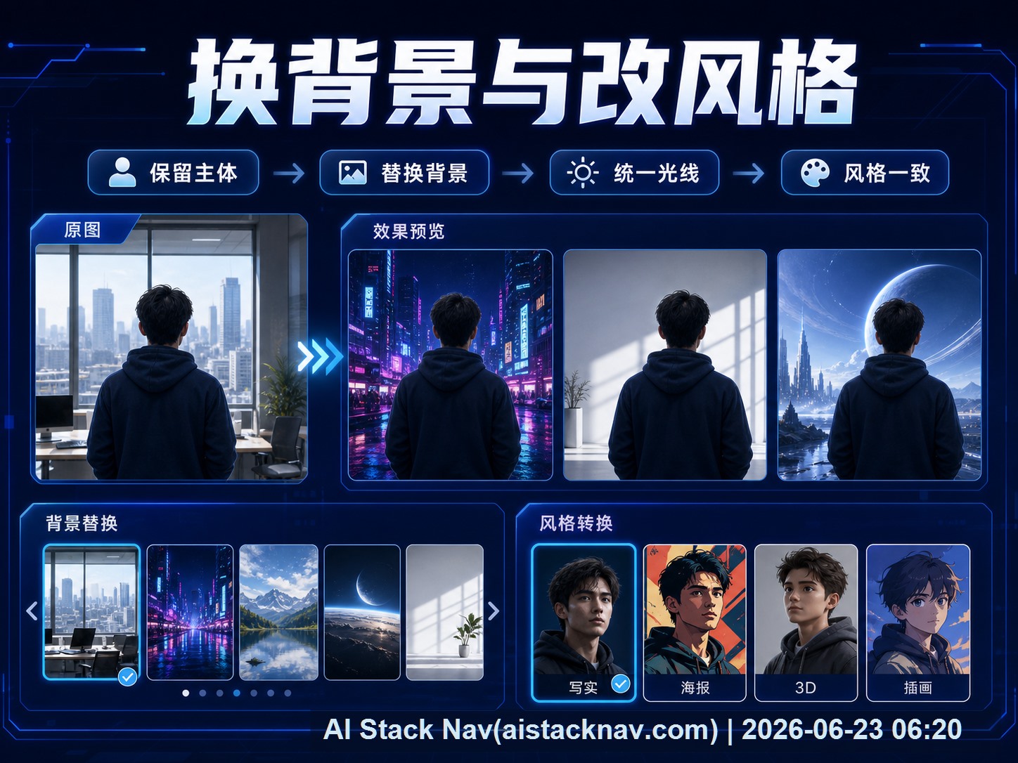 Gemini 图片编辑换背景与改风格课程海报：保留主体、替换背景、统一光线和风格一致