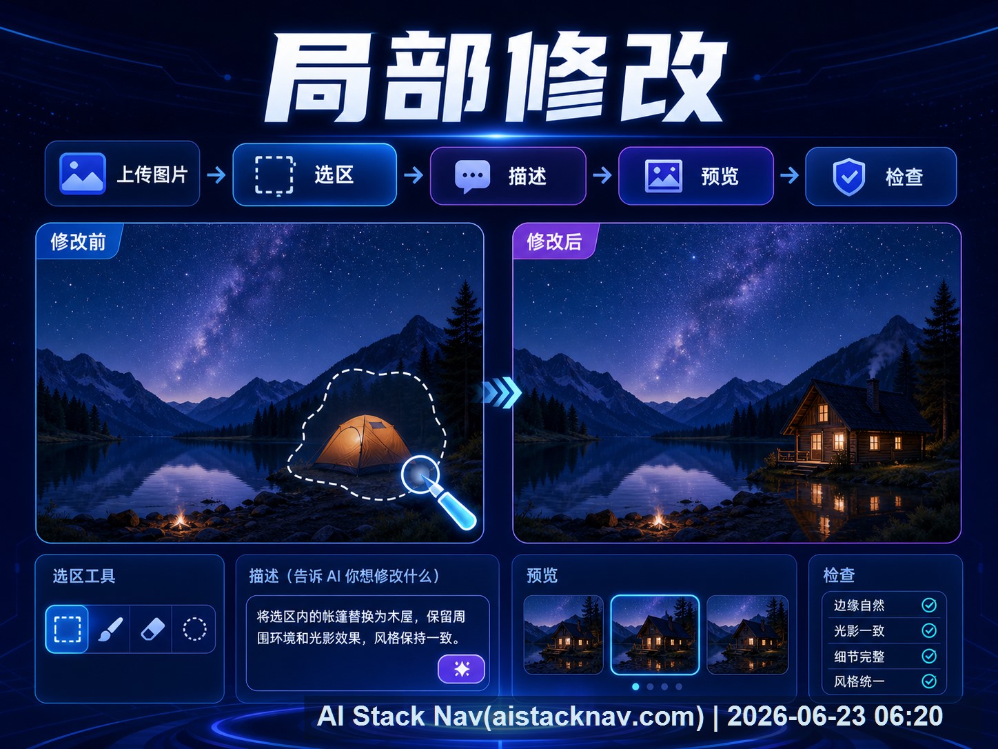 Gemini 图片编辑局部修改课程海报：选区、描述、预览和检查流程