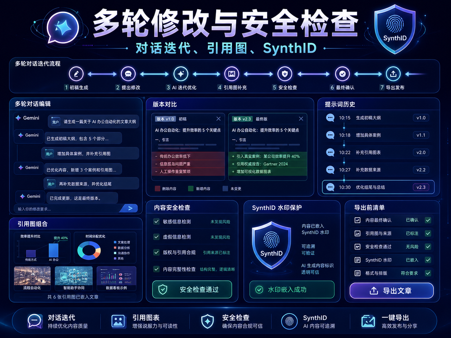 Gemini Nano Banana 多轮修改与安全检查课程海报：对话迭代、参考图、SynthID 和导出清单