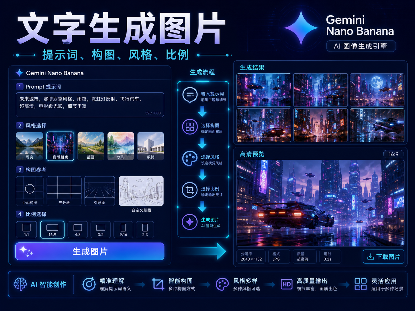 Gemini Nano Banana 文字生成图片课程海报：提示词、构图、风格、比例和生成结果网格