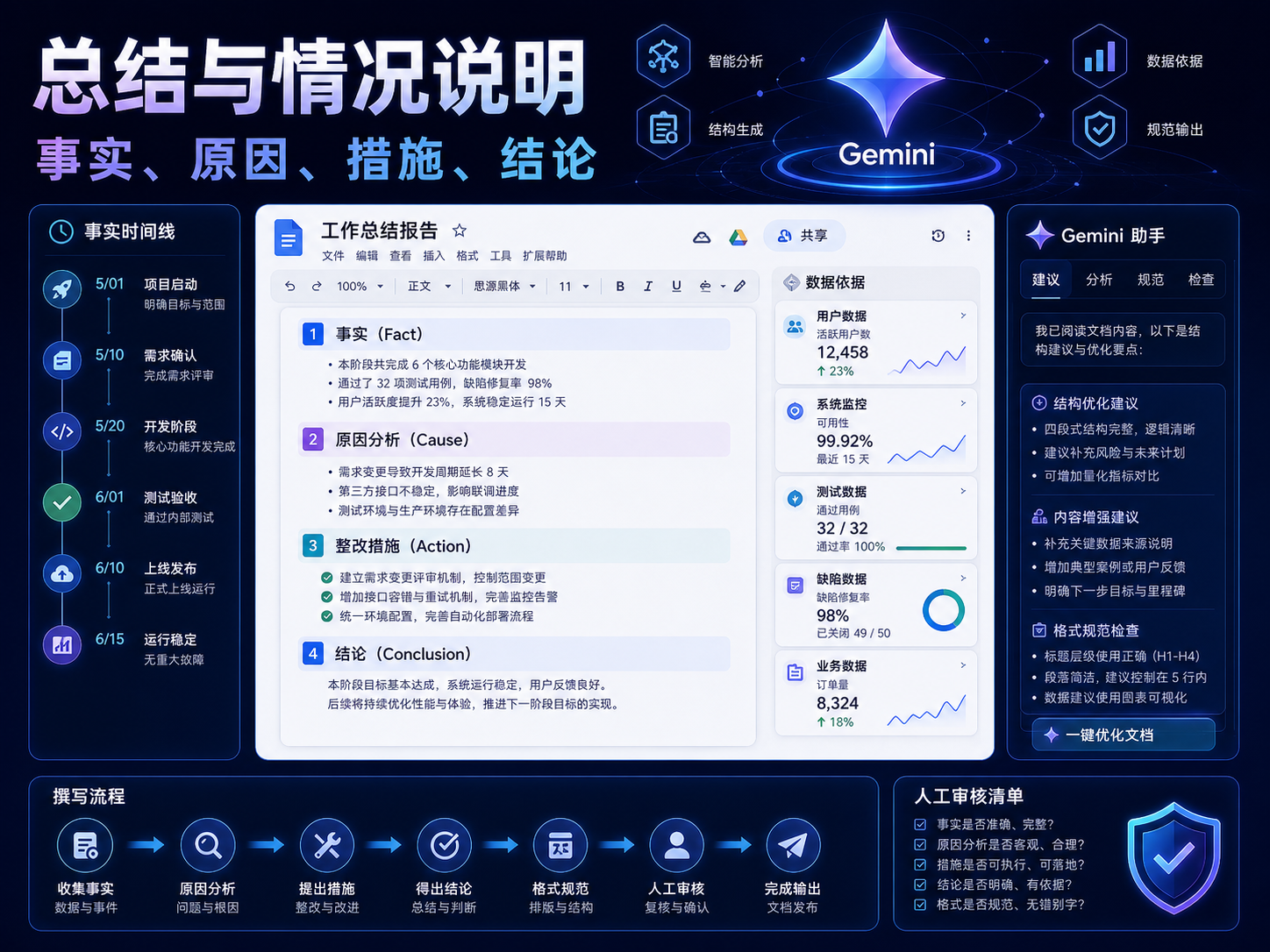 Gemini 总结与情况说明课程海报:事实、原因、措施、结论、时间线和人工审核清单