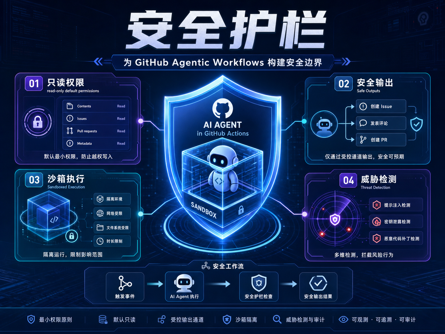 GitHub Agentic Workflows 安全护栏图：只读权限、Safe Outputs、沙箱、威胁检测和审计