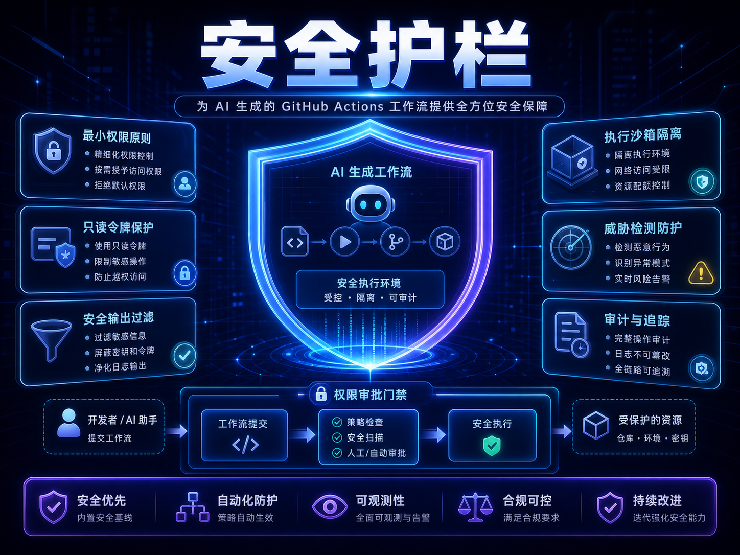 GitHub Agentic Workflows 安全护栏图：沙箱、只读权限、Safe Outputs、威胁检测和审计