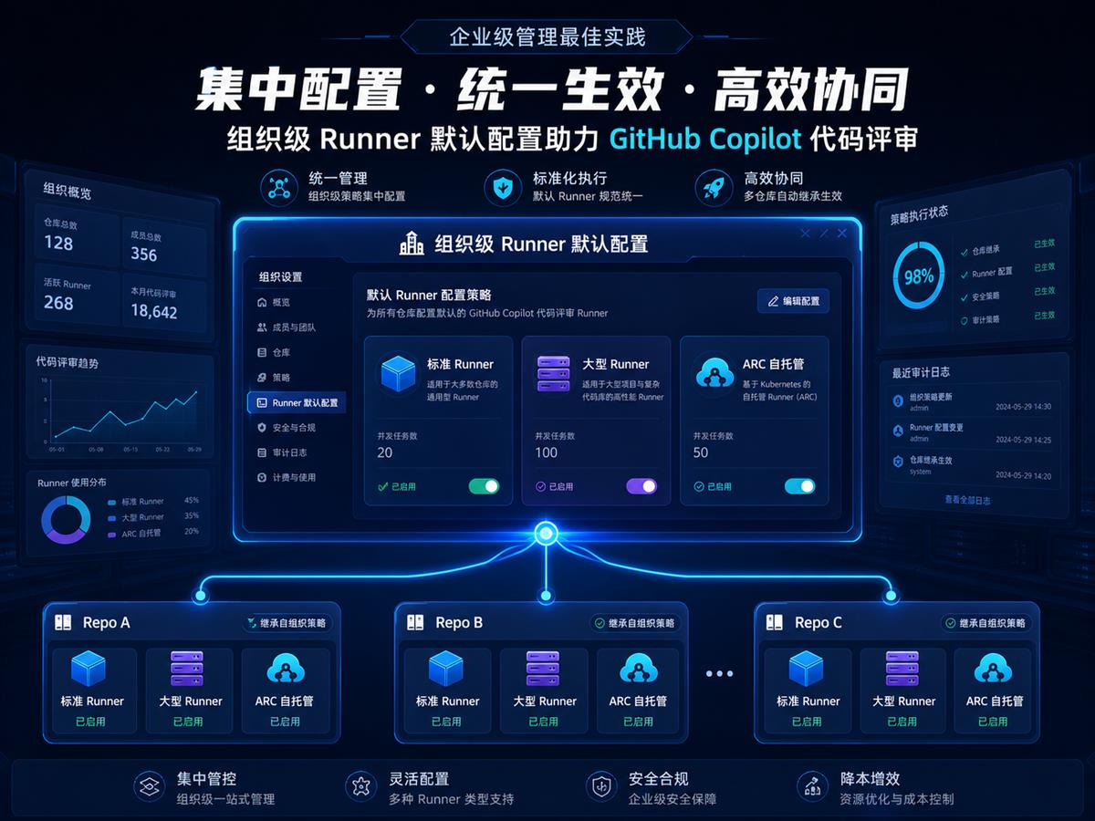 GitHub Copilot 组织级 Runner 默认配置控制多个仓库和 Runner 类型的科技海报