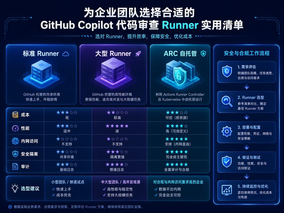 GitHub Copilot Runner 选择清单，包含成本、性能、内网访问、安全隔离和审计维度