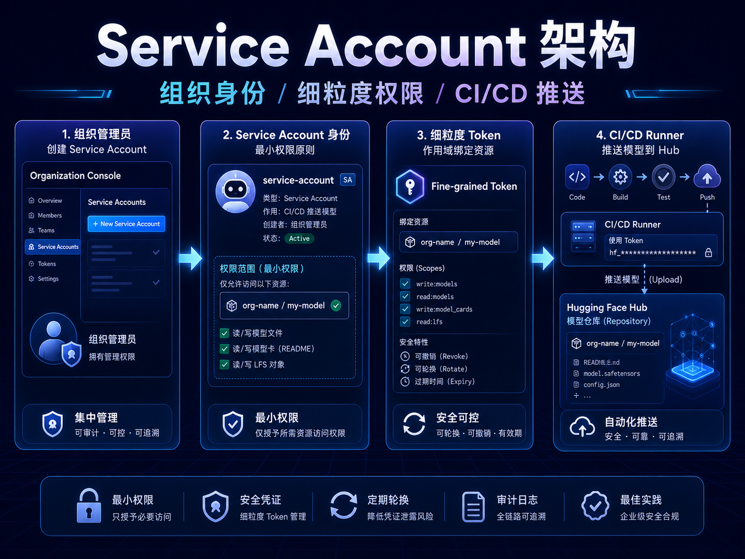 Hugging Face Service Accounts 架构流程课程海报:组织身份、细粒度权限、CI/CD 推送模型
