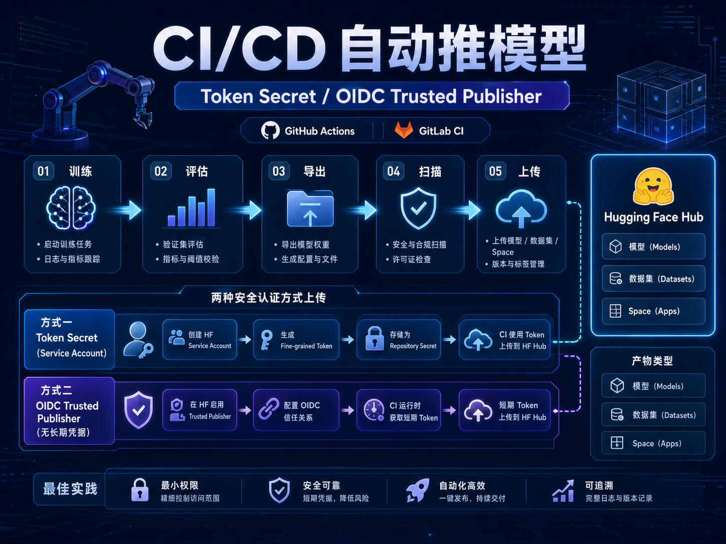 Hugging Face CI/CD 自动推模型流水线课程海报:Service Account Token 与 OIDC Trusted Publisher 两条认证路径