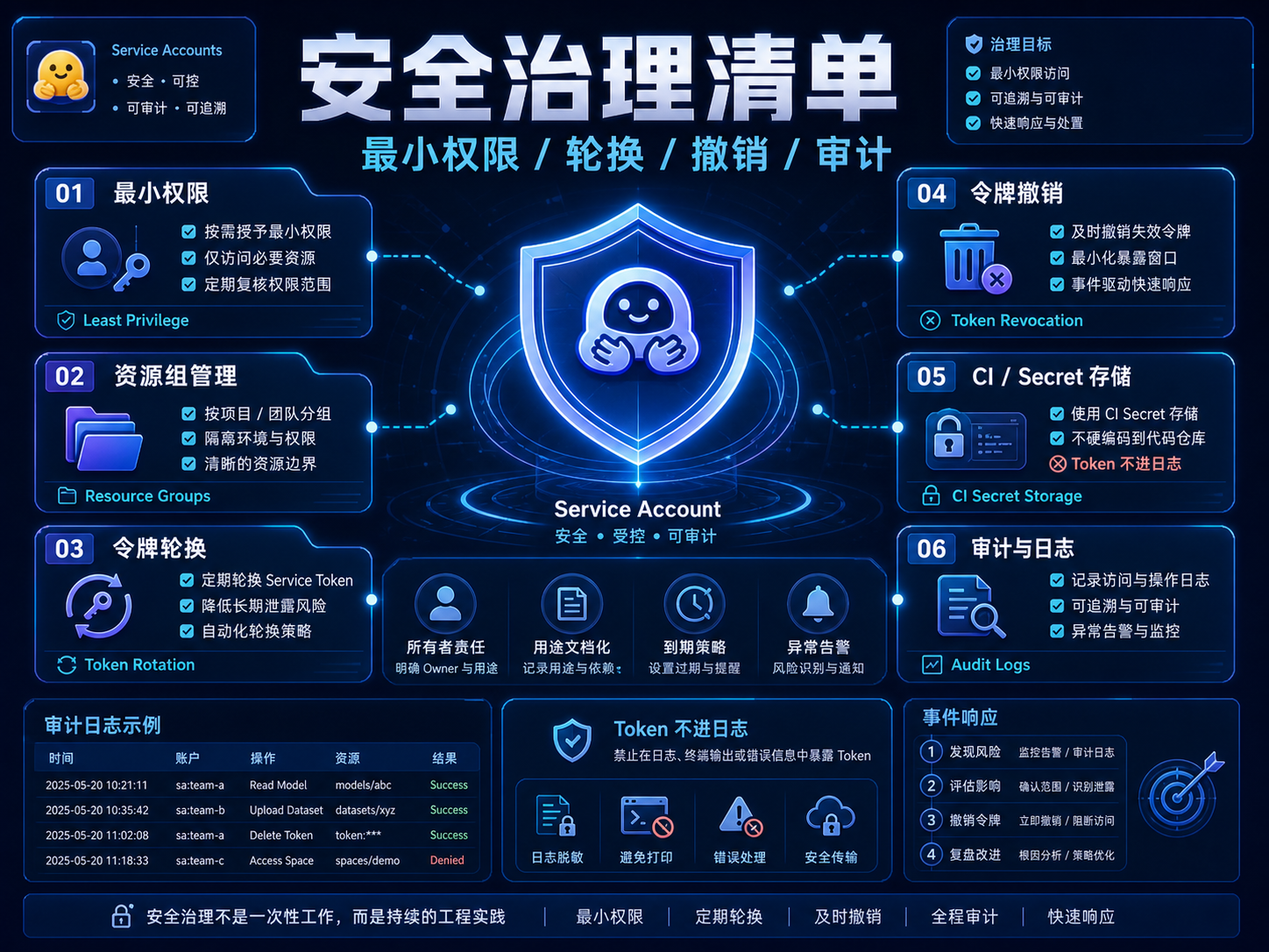 Hugging Face Service Accounts 安全治理清单课程海报:最小权限、轮换、撤销、资源组和审计