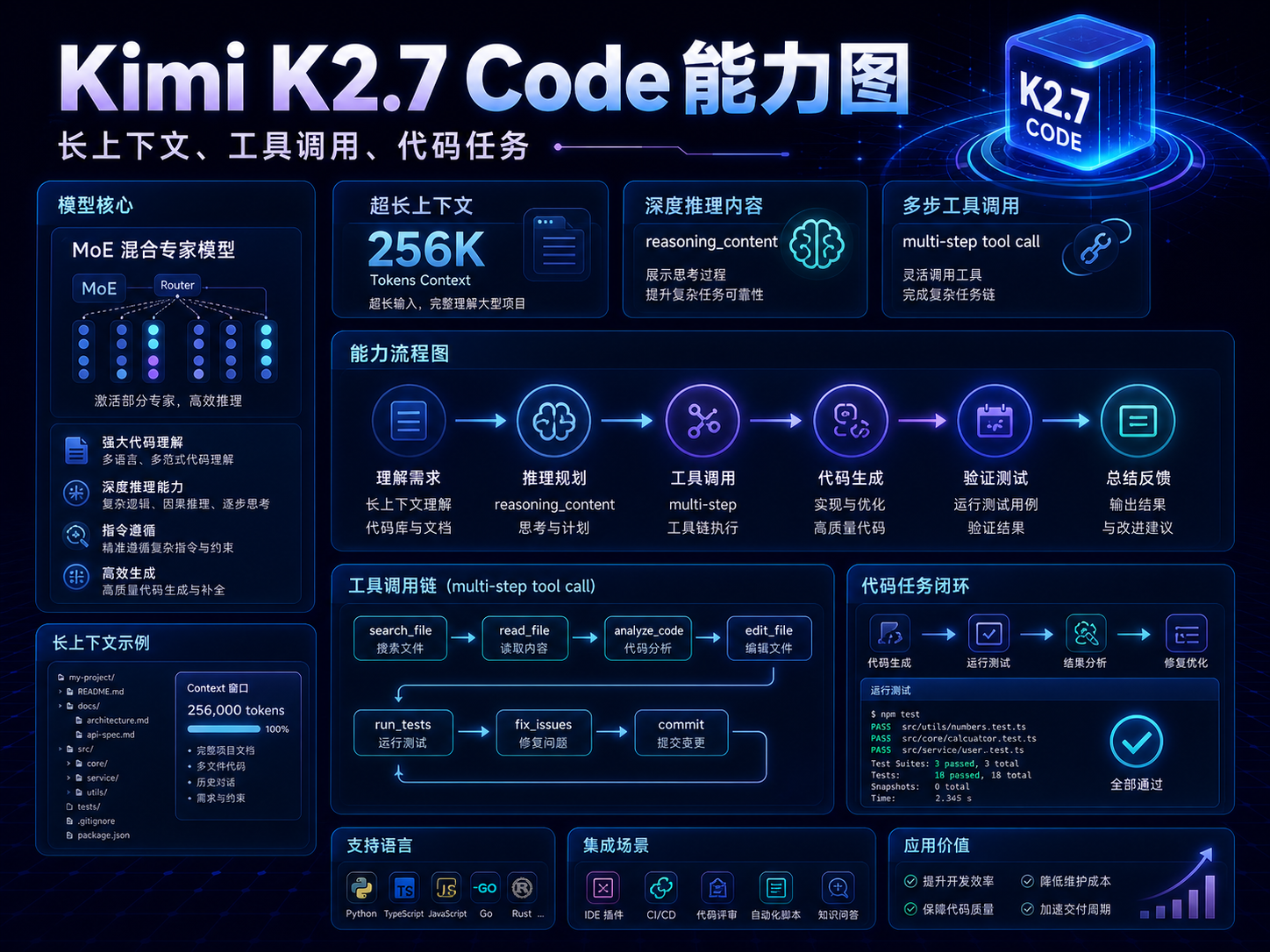 Kimi K2.7 Code 能力图课程海报：长上下文、工具调用、代码任务、reasoning_content 和 Agent 工作流
