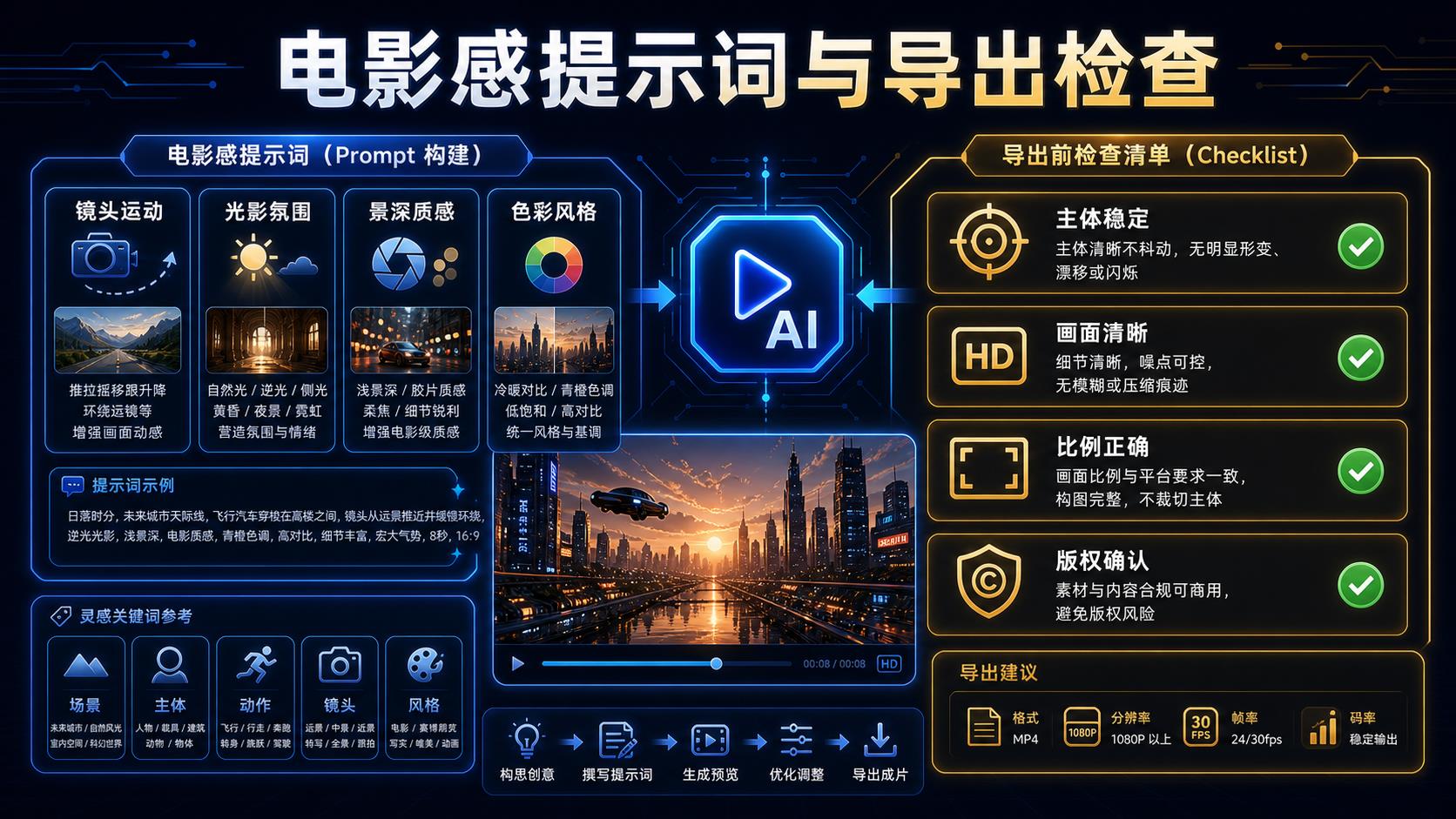 可灵 AI 电影感提示词与导出检查图