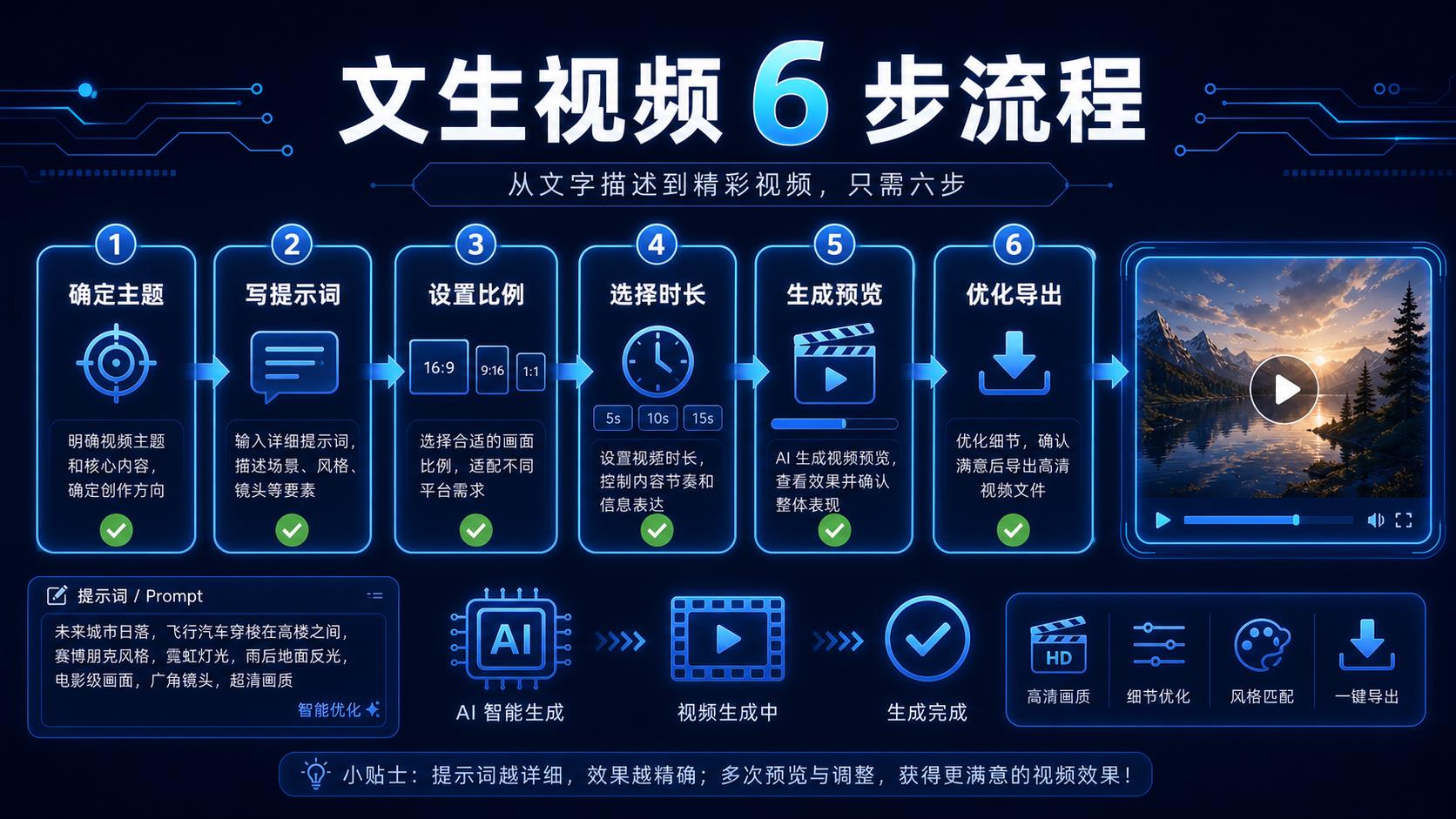 可灵 AI 文生视频六步流程图