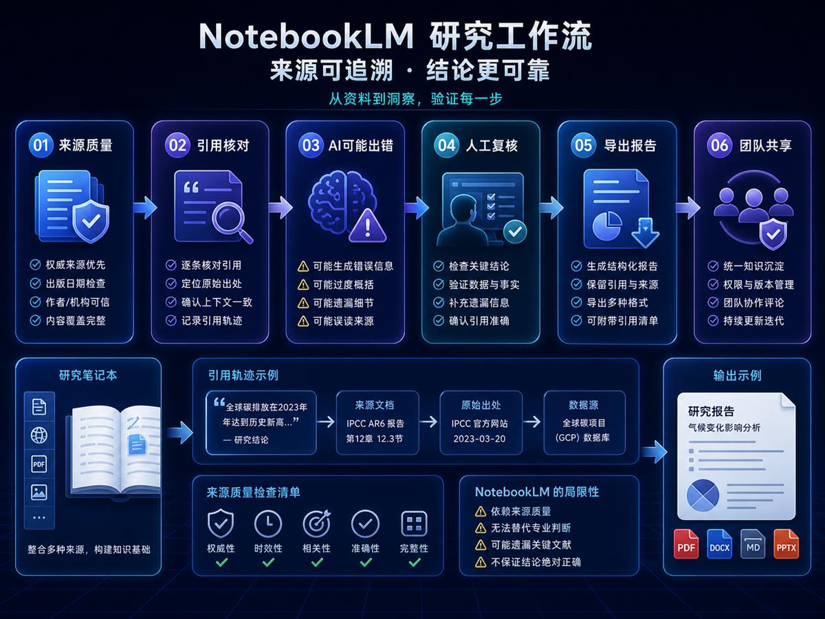 NotebookLM 研究工作流中的来源质量、引用核对、AI 可能出错、人工复核、导出报告和团队共享检查图
