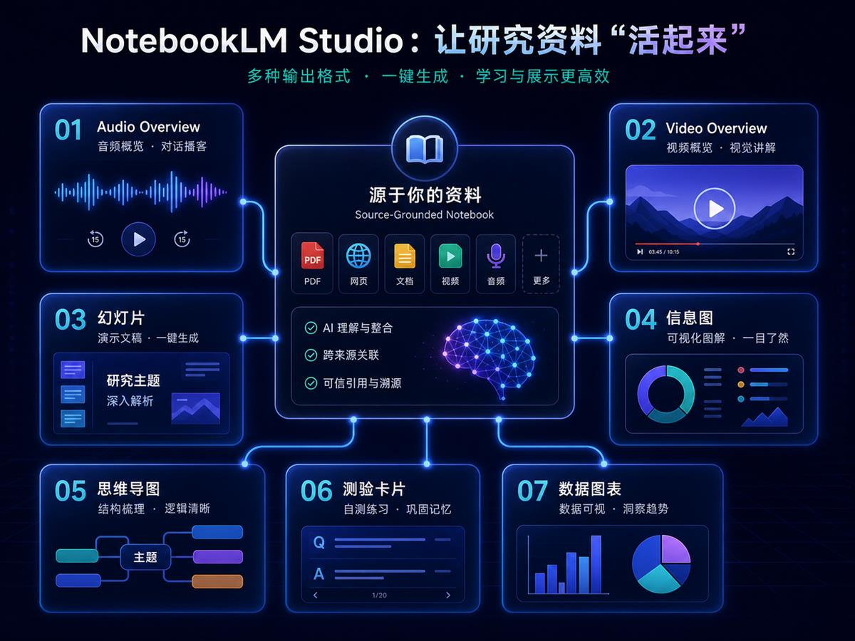 NotebookLM Studio 输出格式图，包含 Audio Overview、Video Overview、幻灯片、信息图、思维导图、测验卡片和数据图表