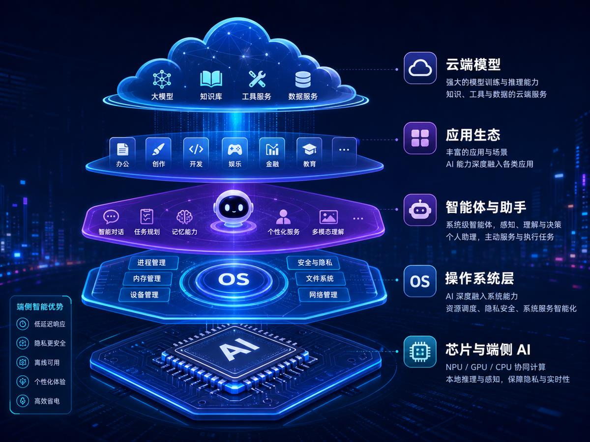 系统级 AI 分层示意图，包含芯片与端侧 AI、操作系统层、智能体与助手、应用生态和云端模型