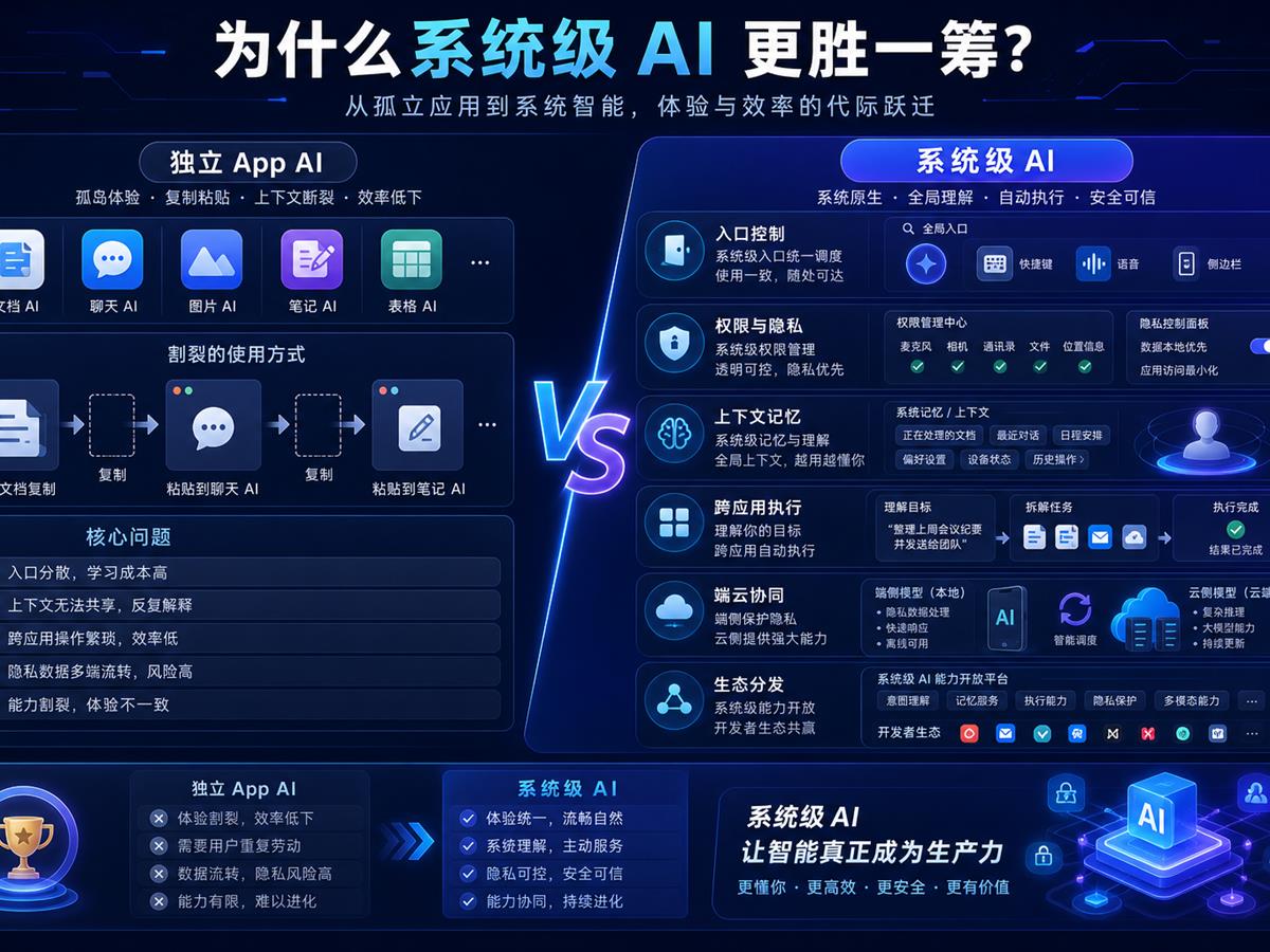 系统级 AI 与独立 App AI 对比图，展示入口控制、权限与隐私、上下文记忆、跨应用执行、端云协同和生态分发