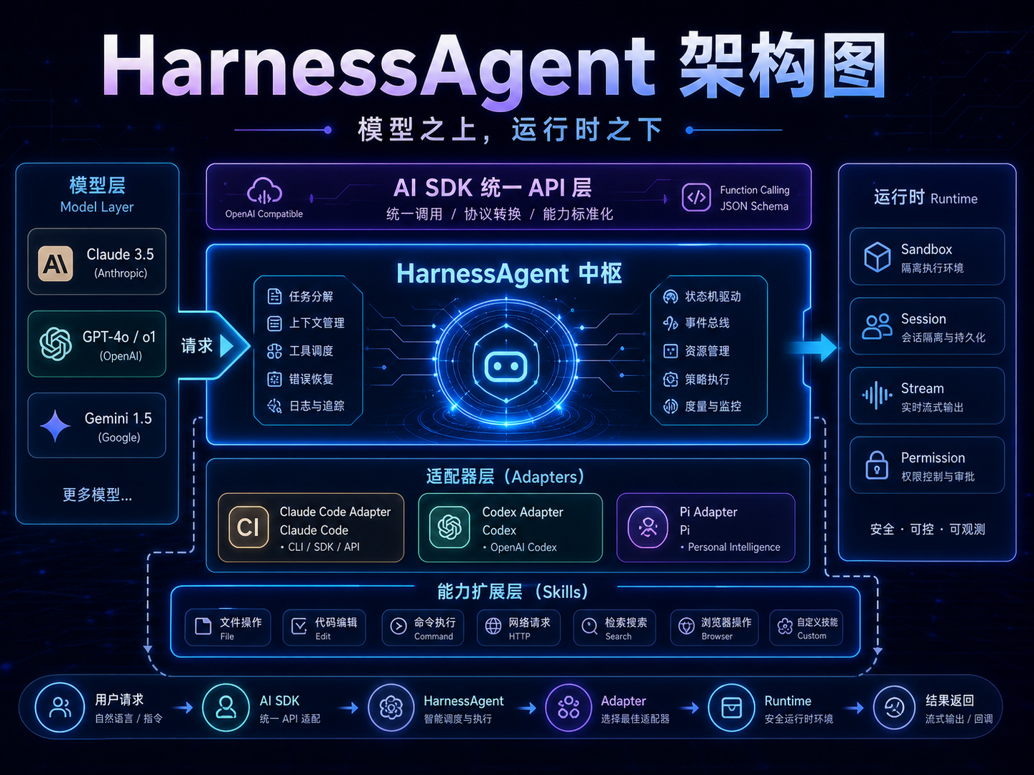 Vercel HarnessAgent 架构图课程海报：AI SDK 统一接口层、Claude Code、Codex、Pi、sandbox、session、stream 和 permission