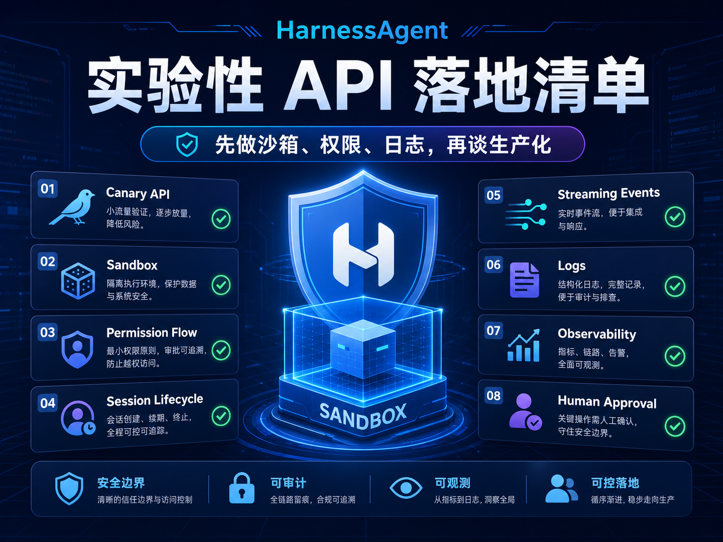Vercel HarnessAgent 实验性 API 落地清单课程海报：canary、sandbox、权限、会话、日志、可观测和安全盾牌