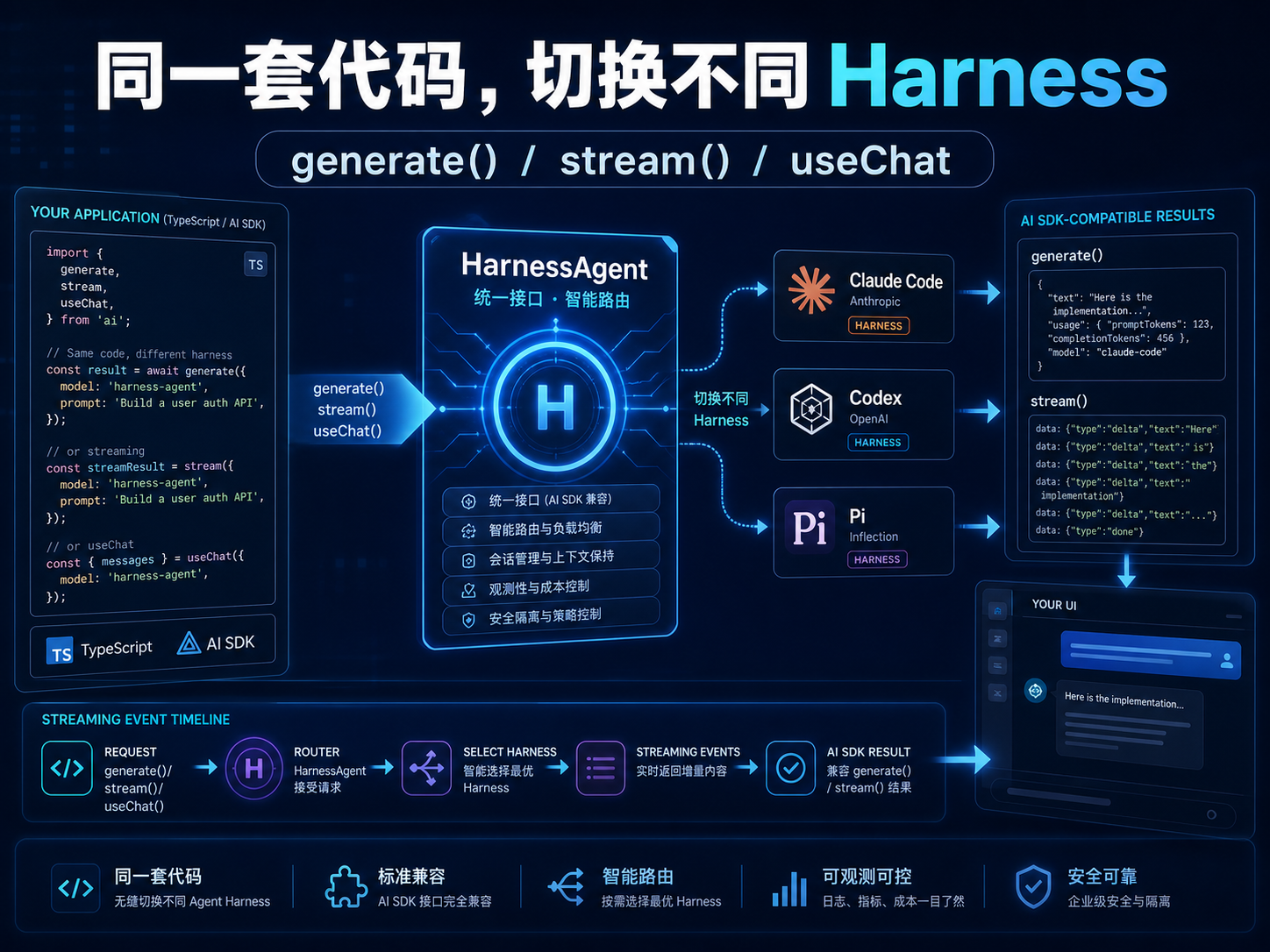 Vercel HarnessAgent 统一接口切换课程海报：同一段 TypeScript 代码切换 Claude Code、Codex、Pi 和 AI SDK stream