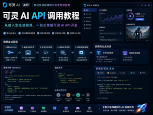 可灵 AI API 调用教程封面图，展示开发者通过 API 自动生成视频的完整流程，包括鉴权、提交任务、状态查询、Webhook 和视频下载。