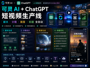 可灵 AI 与 ChatGPT 短视频生产线封面图，展示从选题、标题、脚本、分镜到视频画面生成的完整自动化流程。