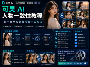 可灵 AI 人物一致性教程封面图，展示同一角色在多场景视频中保持稳定识别度的工作流与方法。